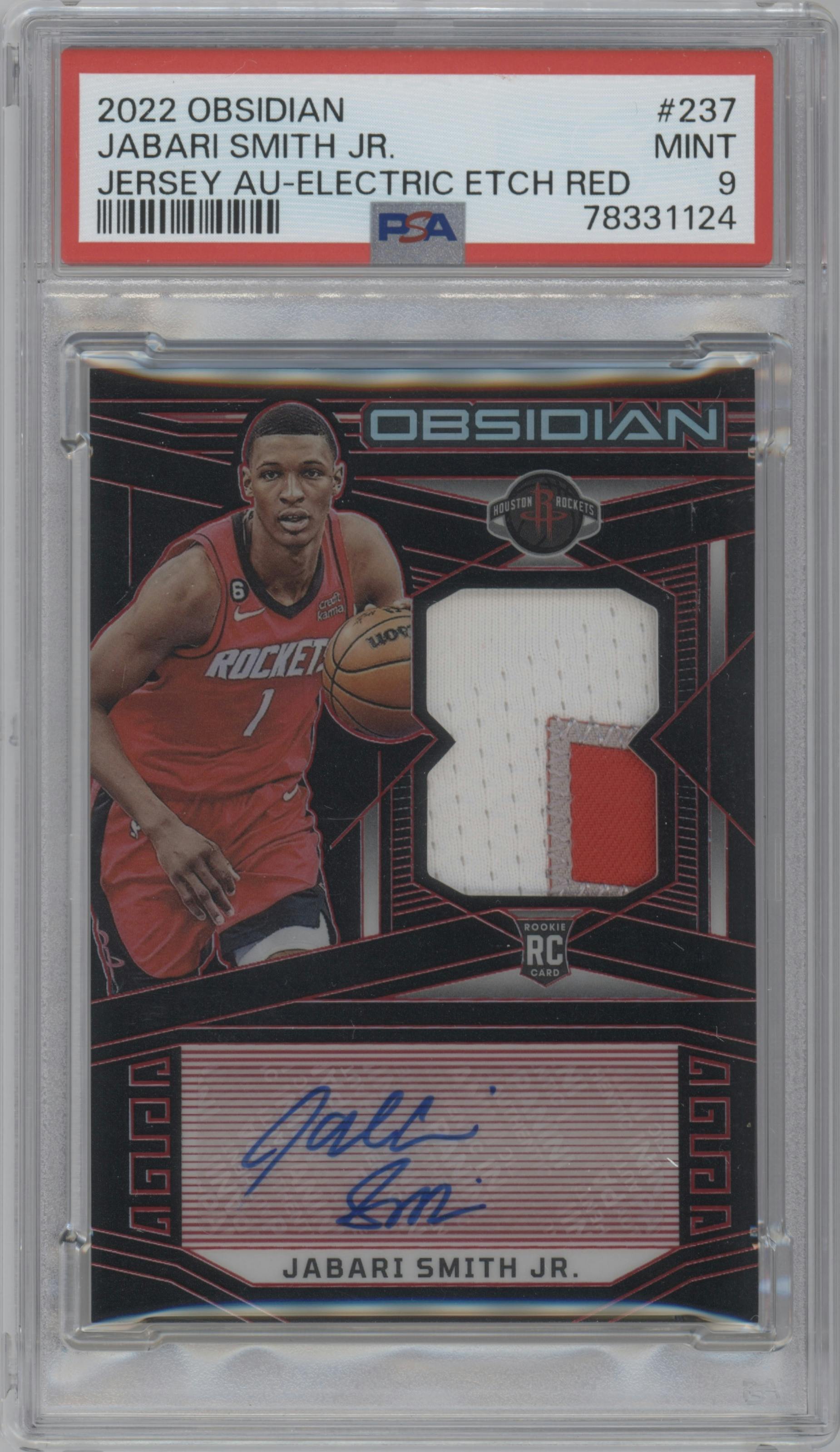 Jabari Smith Jr. from the 2022-23 Panini Obsidian set featuring a Electric Etch Red parallel graded by PSA and given an overall grade of 9.