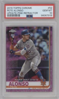 Pete Alonso from the 2019 Topps Chrome Update set featuring a Pink Refractor parallel graded by PSA and given an overall grade of 10.