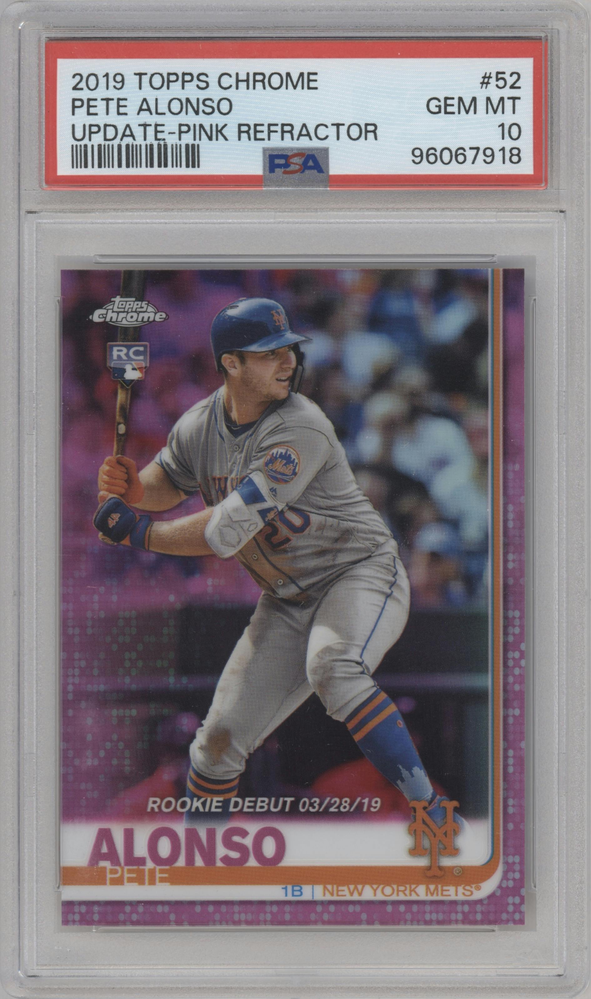 Pete Alonso from the 2019 Topps Chrome Update set featuring a Pink Refractor parallel graded by PSA and given an overall grade of 10.