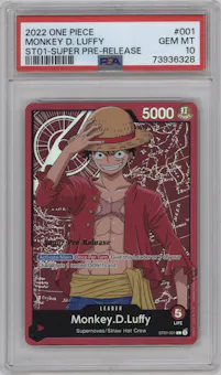 Monkey.D.Luffy from the 2022 One Piece set featuring a Super Pre-Release parallel graded by PSA and given an overall grade of 10.