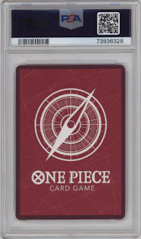 Monkey.D.Luffy from the 2022 One Piece set featuring a Super Pre-Release parallel graded by PSA and given an overall grade of 10.