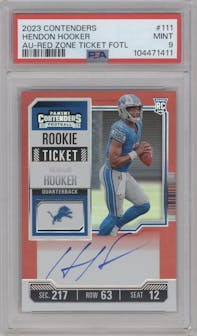 Hendon Hooker from the 2023 Panini Contenders set featuring a FOTL Red Zone parallel graded by PSA and given an overall grade of 9.