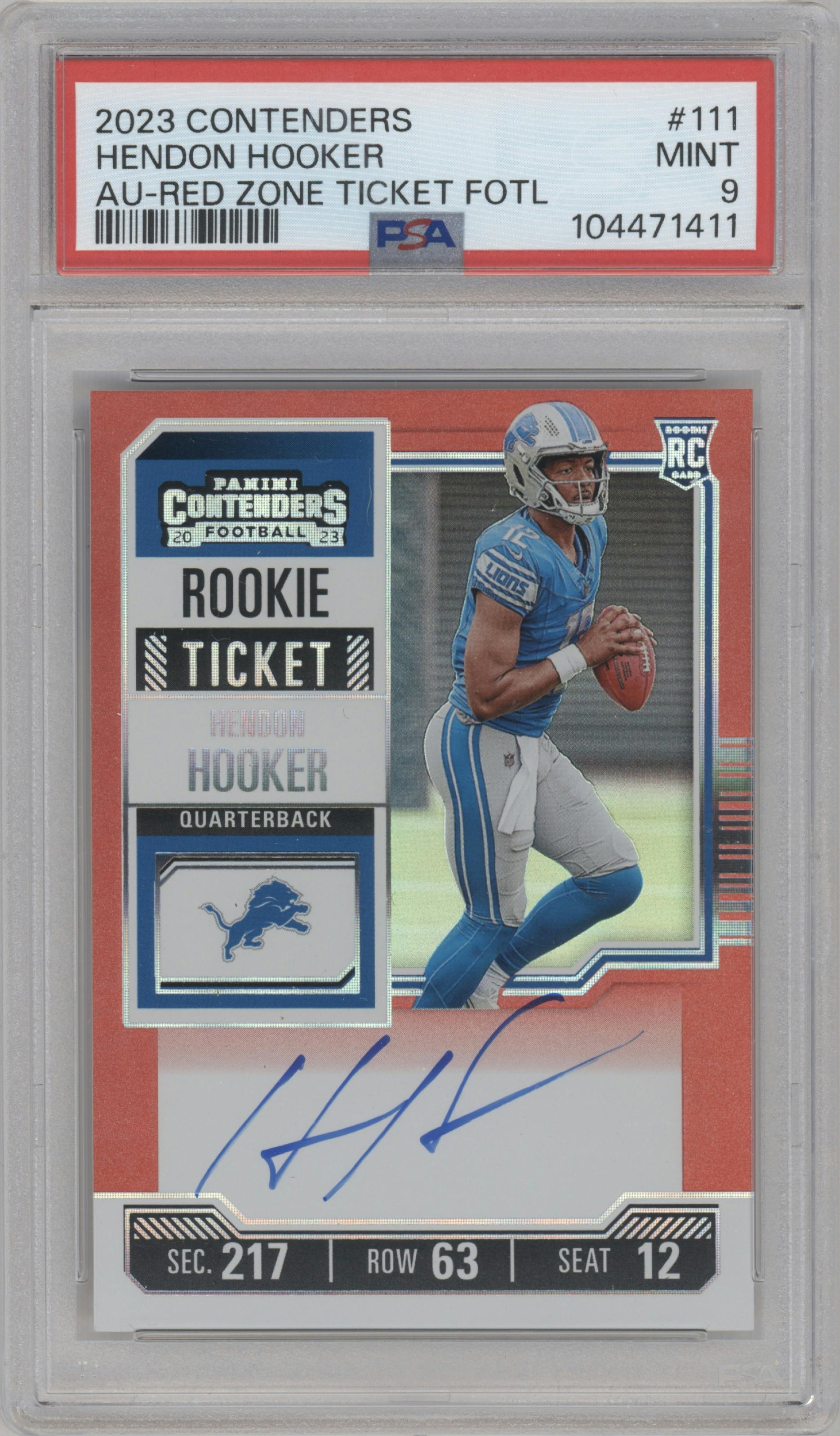 Hendon Hooker from the 2023 Panini Contenders set featuring a FOTL Red Zone parallel graded by PSA and given an overall grade of 9.