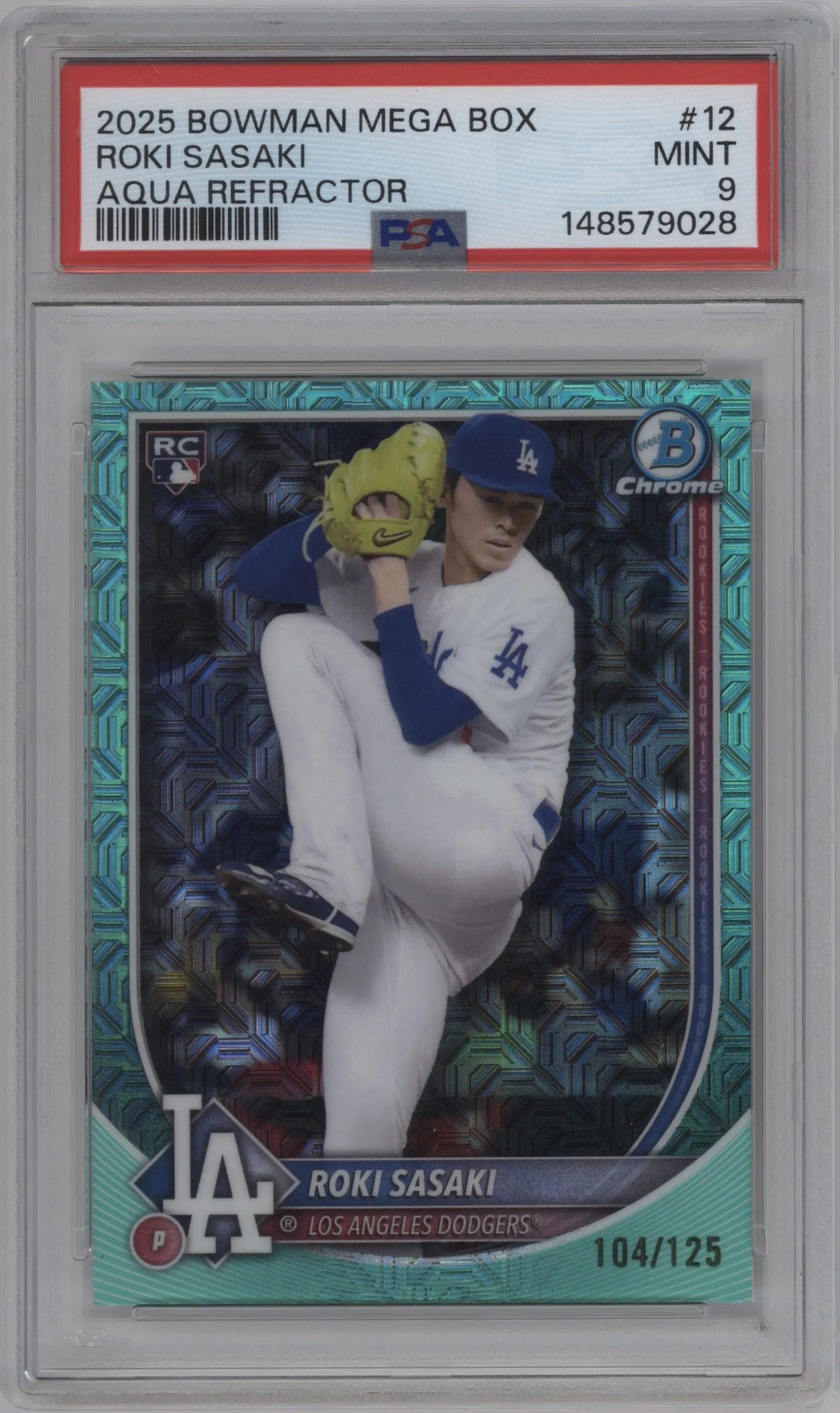 2025 Bowman Mega Box Chrome Roki Sasaki Aqua Refractor #12 PSA 9