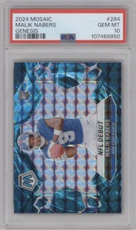 Malik Nabers from the 2024 Panini Mosaic set featuring a Genesis parallel graded by PSA and given an overall grade of 10.