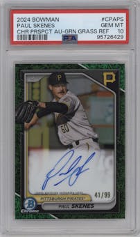Paul Skenes from the 2024 Bowman set featuring a Green Grass Refractor parallel graded by PSA and given an overall grade of 10.