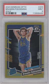 Brandin Podziemski from the 2023-24 Donruss Optic set featuring a Gold parallel graded by PSA and given an overall grade of 9.