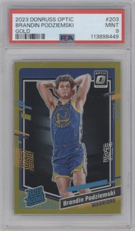 Brandin Podziemski from the 2023-24 Donruss Optic set featuring a Gold parallel graded by PSA and given an overall grade of 9.