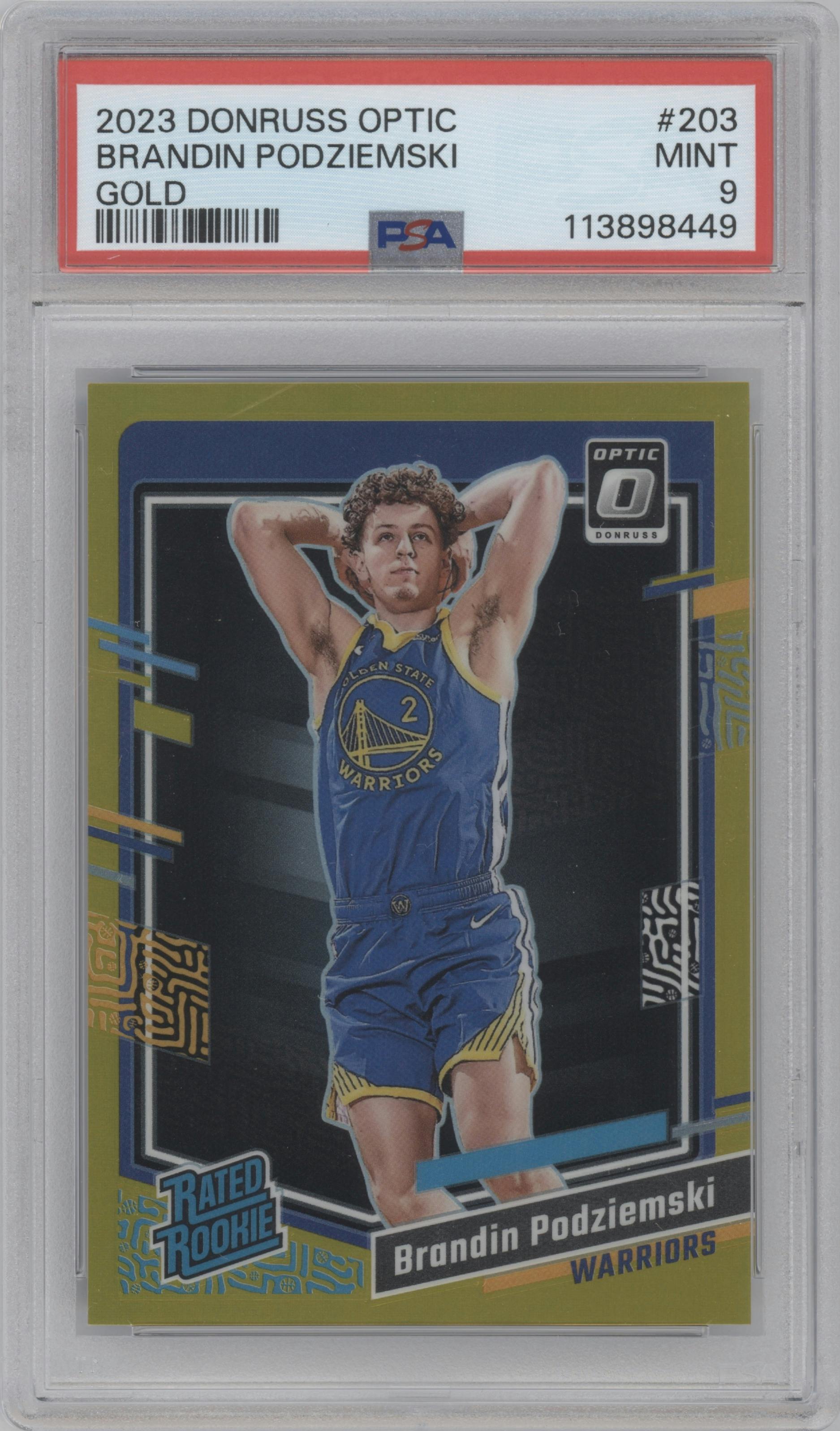 Brandin Podziemski from the 2023-24 Donruss Optic set featuring a Gold parallel graded by PSA and given an overall grade of 9.