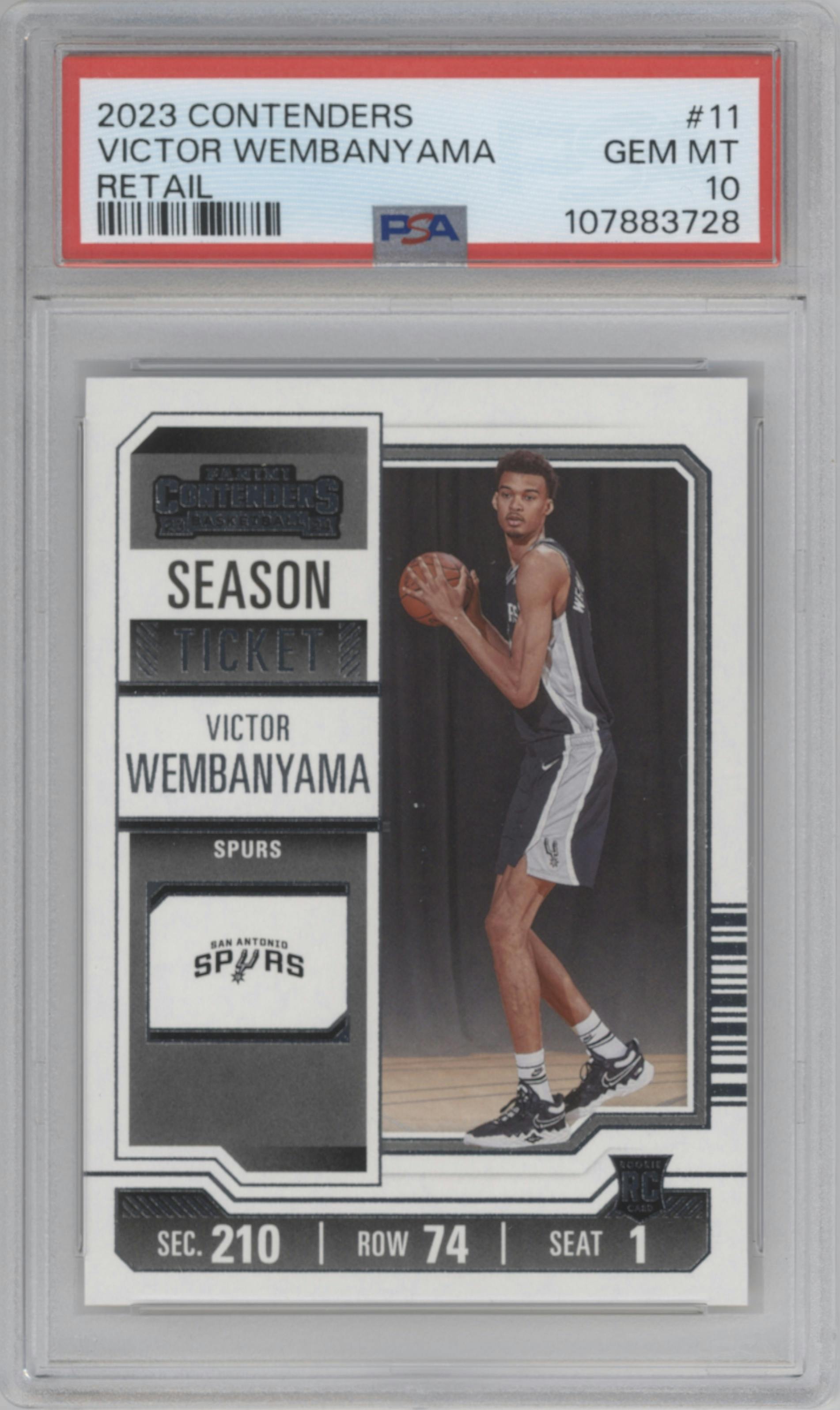 Victor Wembanyama  from the 2023-24 Panini Contenders set featuring a Retail parallel graded by PSA and given an overall grade of 10.