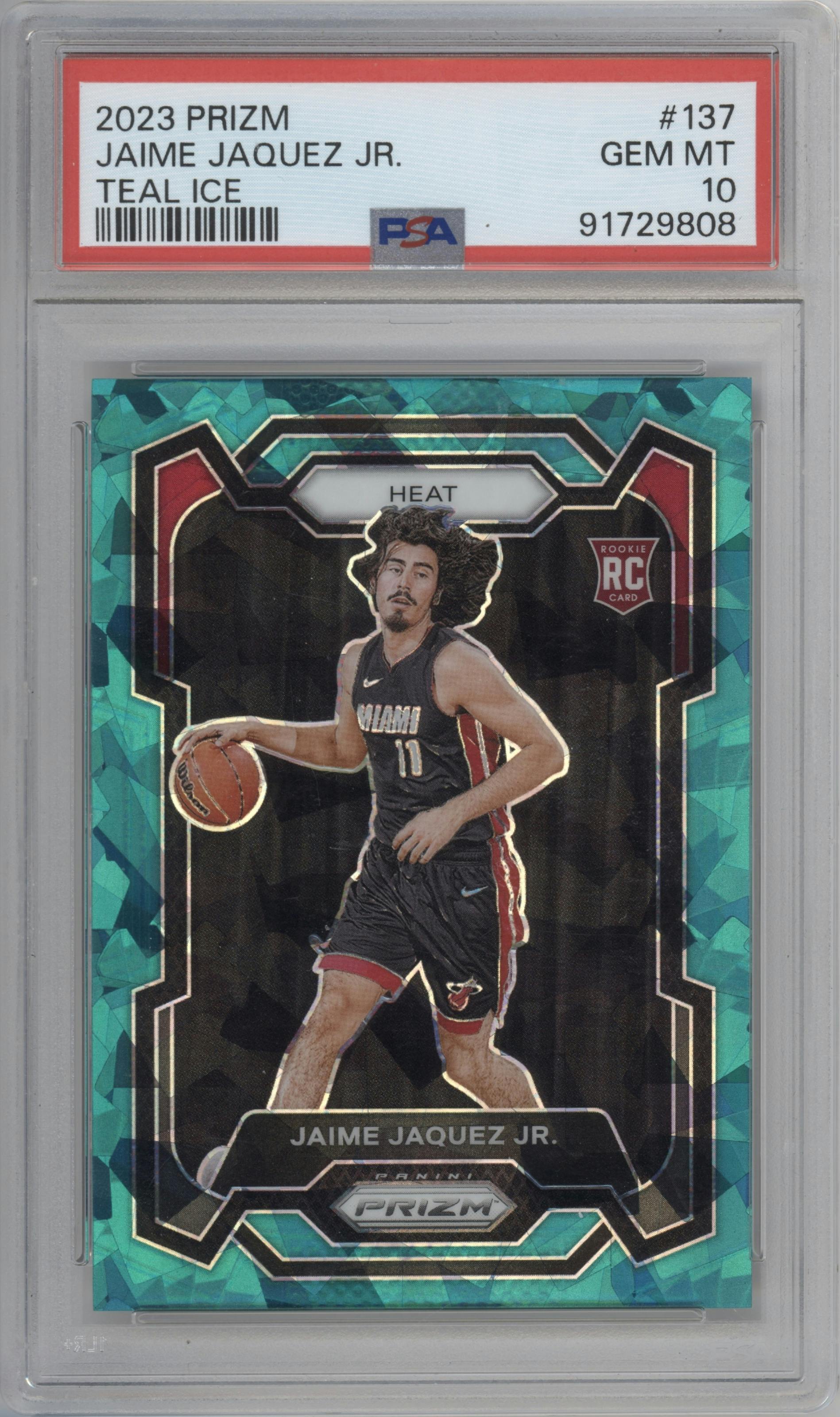 Jaime Jaquez Jr. from the 2023-24 Panini Prizm set featuring a Teal Ice parallel graded by PSA and given an overall grade of 10.