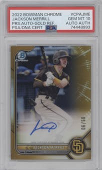 Jackson Merrill from the 2022 Bowman Chrome set featuring a Gold Refractor parallel graded by PSA and given an overall grade of 10.