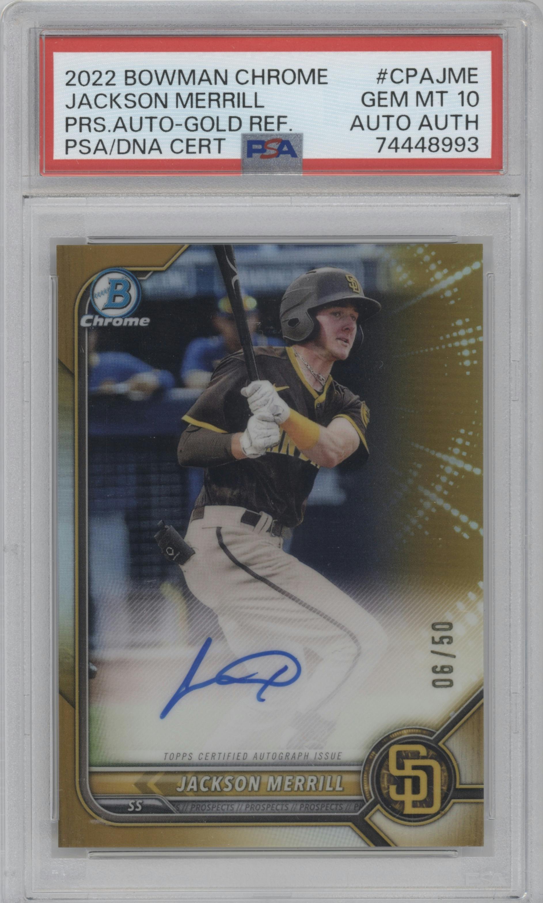 Jackson Merrill from the 2022 Bowman Chrome set featuring a Gold Refractor parallel graded by PSA and given an overall grade of 10.