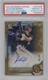 Jackson Merrill from the 2022 Bowman Chrome set featuring a Gold Refractor parallel graded by PSA and given an overall grade of 10.