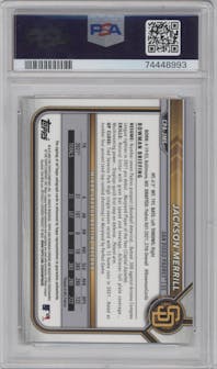 Jackson Merrill from the 2022 Bowman Chrome set featuring a Gold Refractor parallel graded by PSA and given an overall grade of 10.