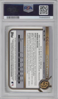 Jackson Merrill from the 2022 Bowman Chrome set featuring a Gold Refractor parallel graded by PSA and given an overall grade of 10.