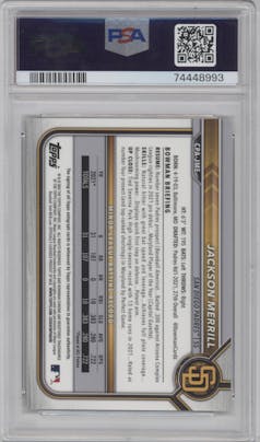 Jackson Merrill from the 2022 Bowman Chrome set featuring a Gold Refractor parallel graded by PSA and given an overall grade of 10.
