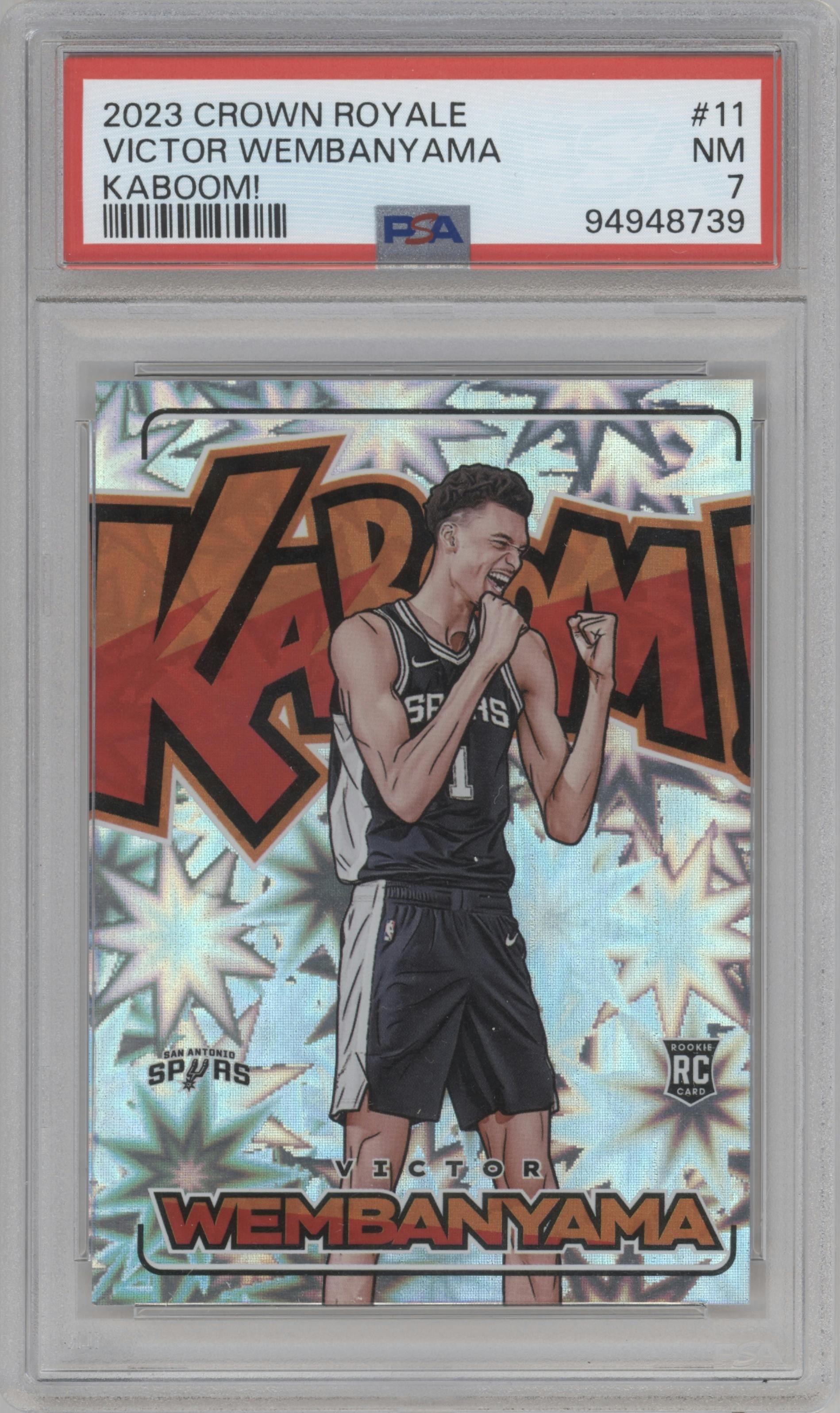 Victor Wembanyama from the 2023-24 Panini Crown Royale  set graded by PSA and given an overall grade of 7.