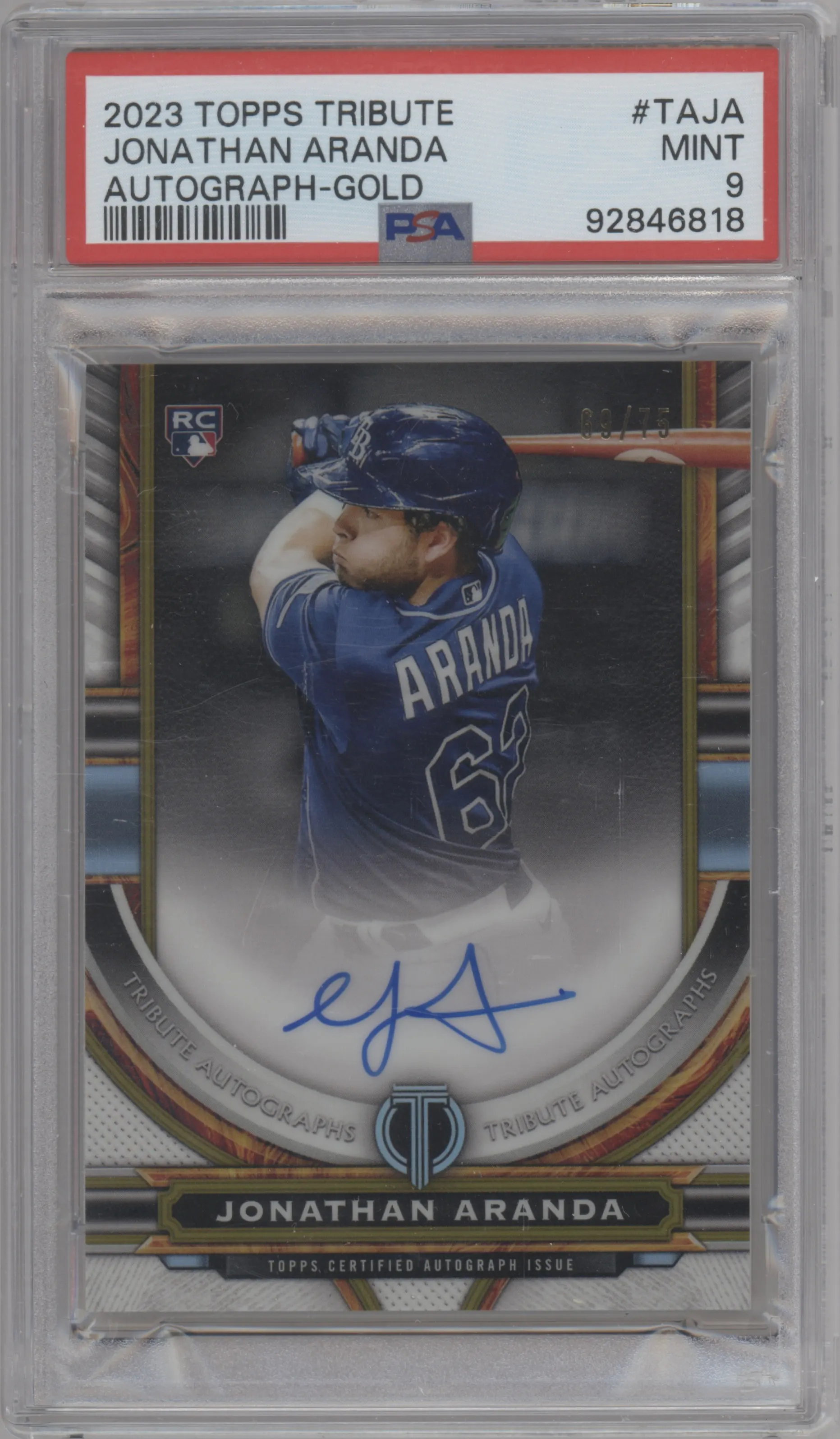 2023 Topps Tribute Tribute Auto Jonathan Aranda Gold #TA-JA PSA 9