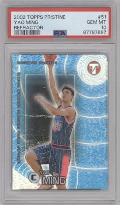 Yao Ming from the 2002-03 Topps Pristine set featuring a Refractor parallel graded by PSA and given an overall grade of 10.