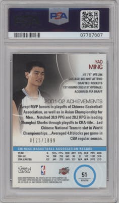 Yao Ming from the 2002-03 Topps Pristine set featuring a Refractor parallel graded by PSA and given an overall grade of 10.