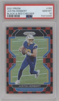 Justin Herbert from the 2021 Panini Prizm set featuring a Black & Red Checker parallel graded by PSA and given an overall grade of 10.