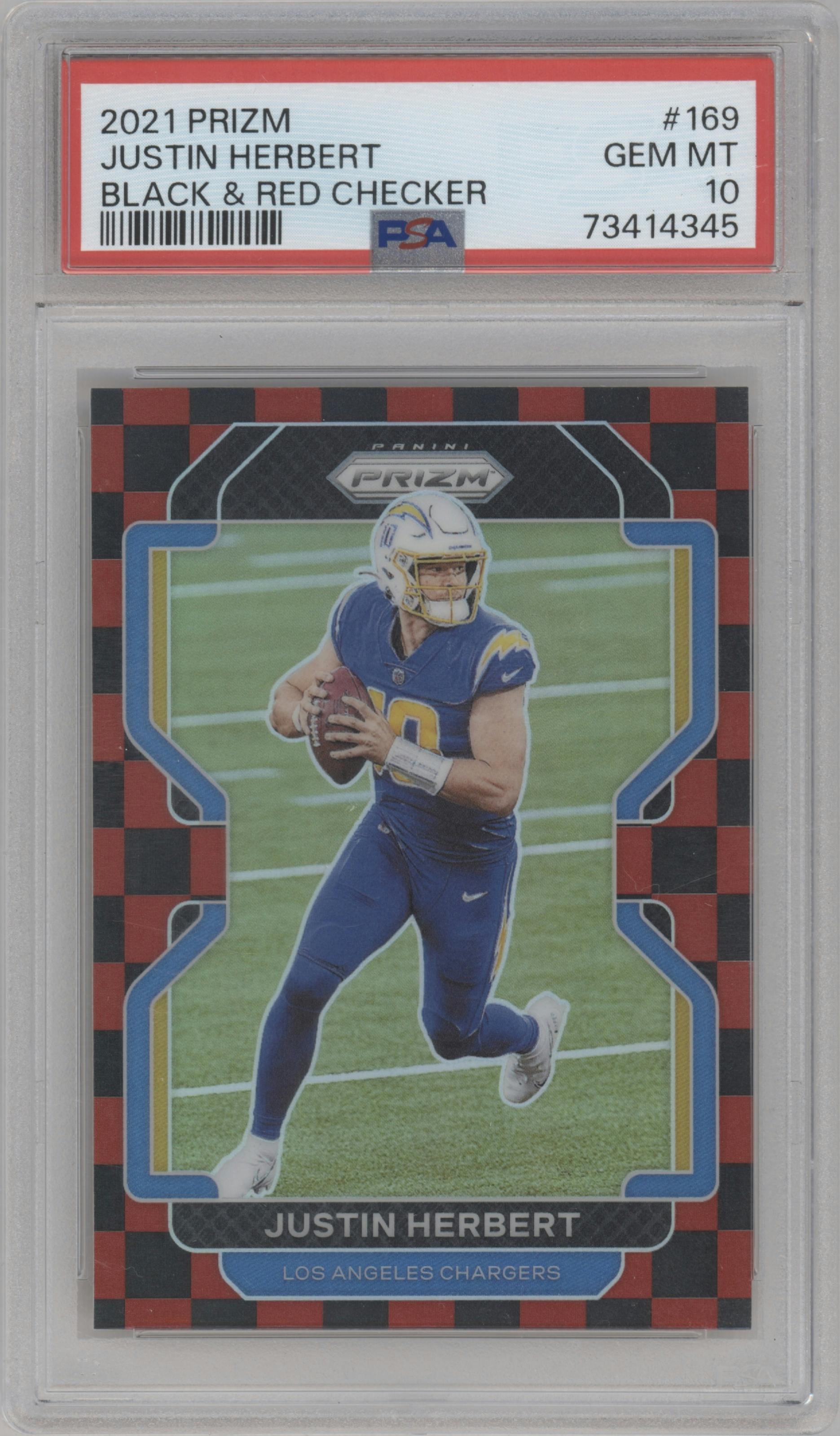 Justin Herbert from the 2021 Panini Prizm set featuring a Black & Red Checker parallel graded by PSA and given an overall grade of 10.