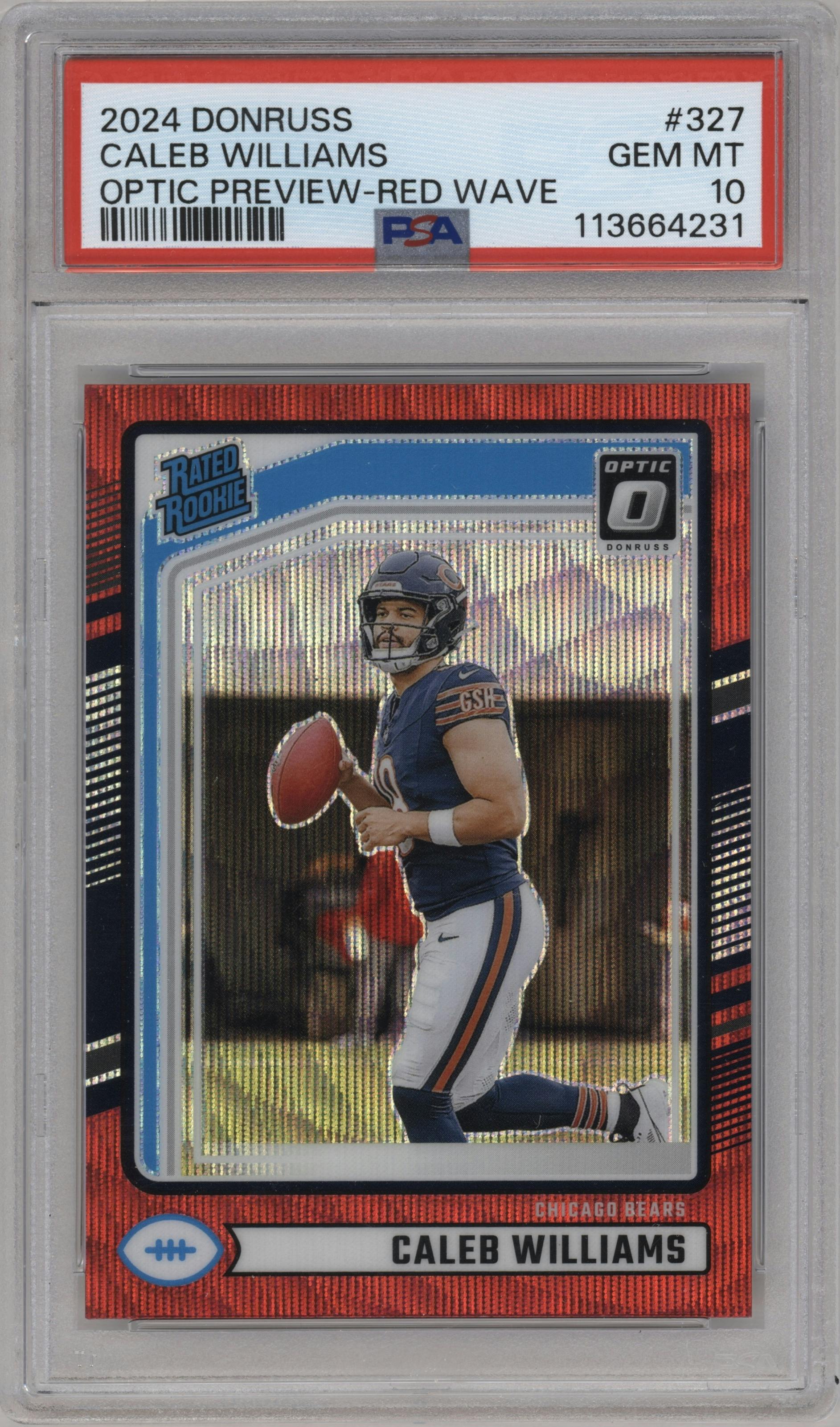 Caleb Williams from the 2024 Donruss set featuring a Red Wave parallel graded by PSA and given an overall grade of 10.