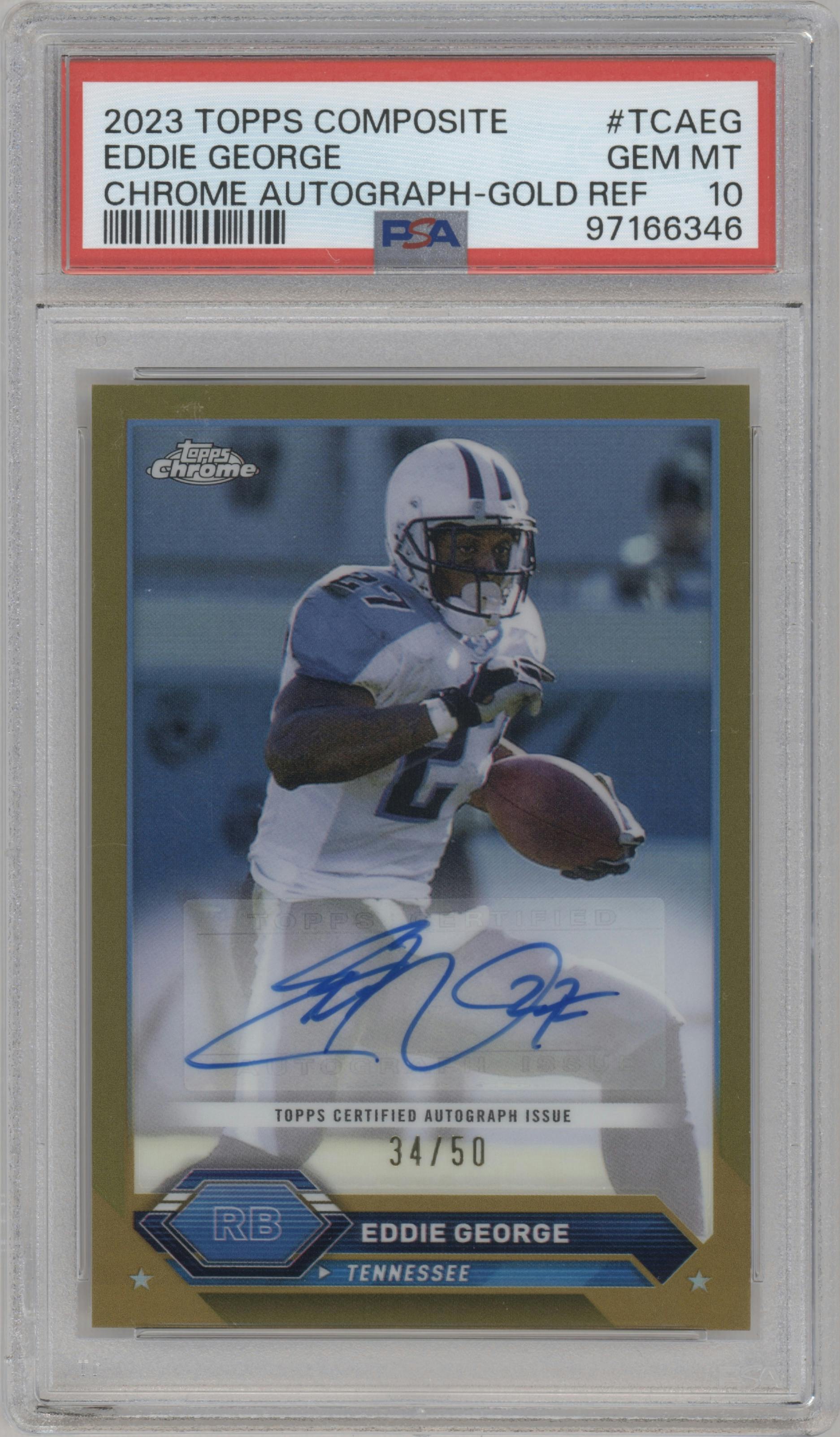 Eddie George from the 2023 Topps Composite set featuring a Gold Refractor parallel graded by PSA and given an overall grade of 10.