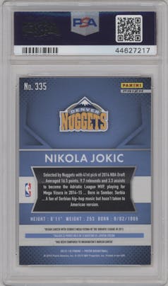 Nikola Jokic from the 2015-16 Panini Prizm  set featuring a Orange Wave parallel graded by PSA and given an overall grade of 10.