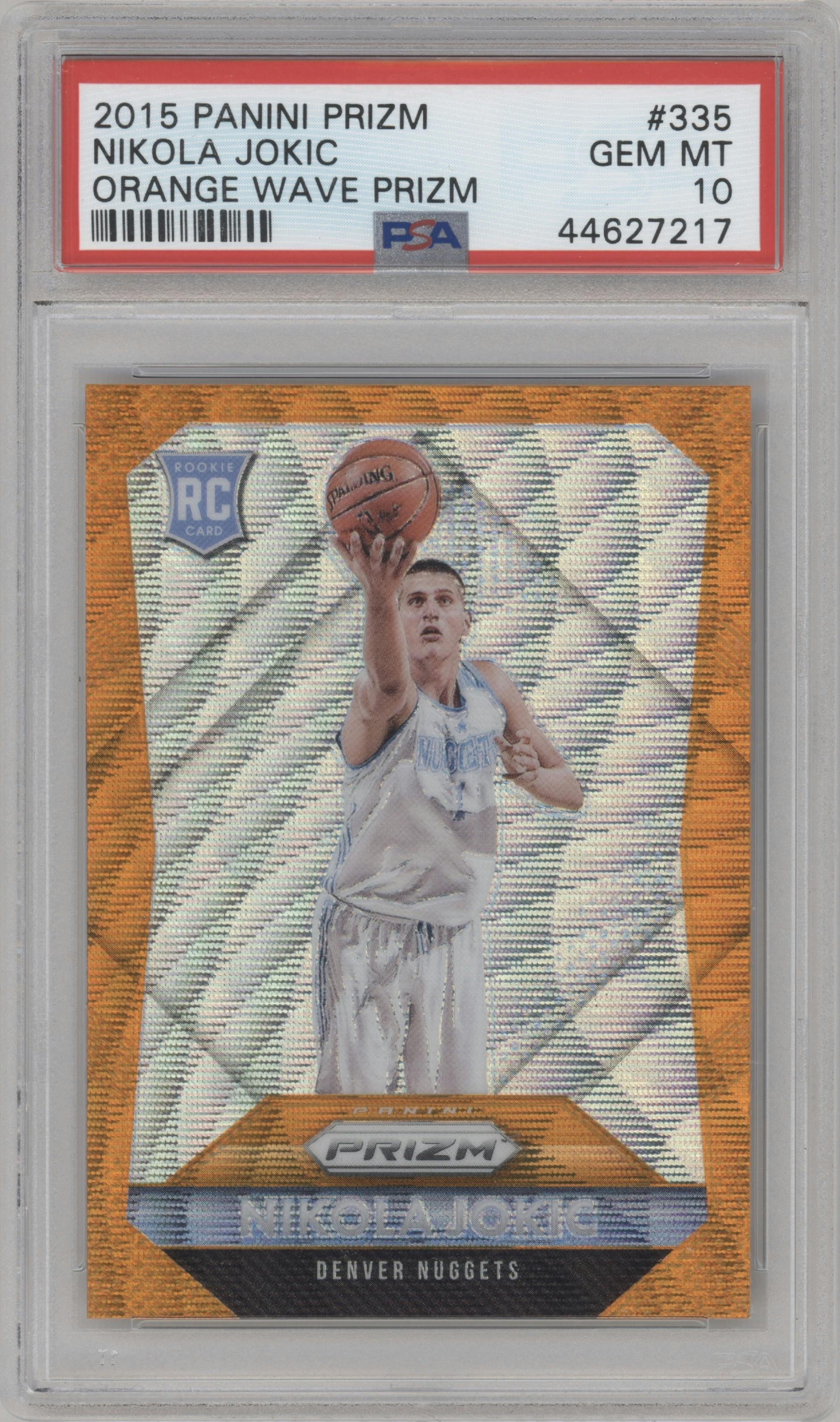 Nikola Jokic from the 2015-16 Panini Prizm  set featuring a Orange Wave parallel graded by PSA and given an overall grade of 10.