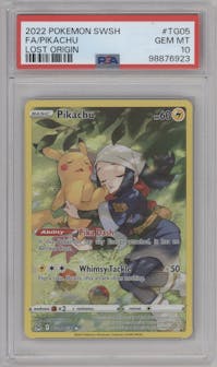 Pikachu from the 2022 Pokemon SWSH set graded by PSA and given an overall grade of 10.