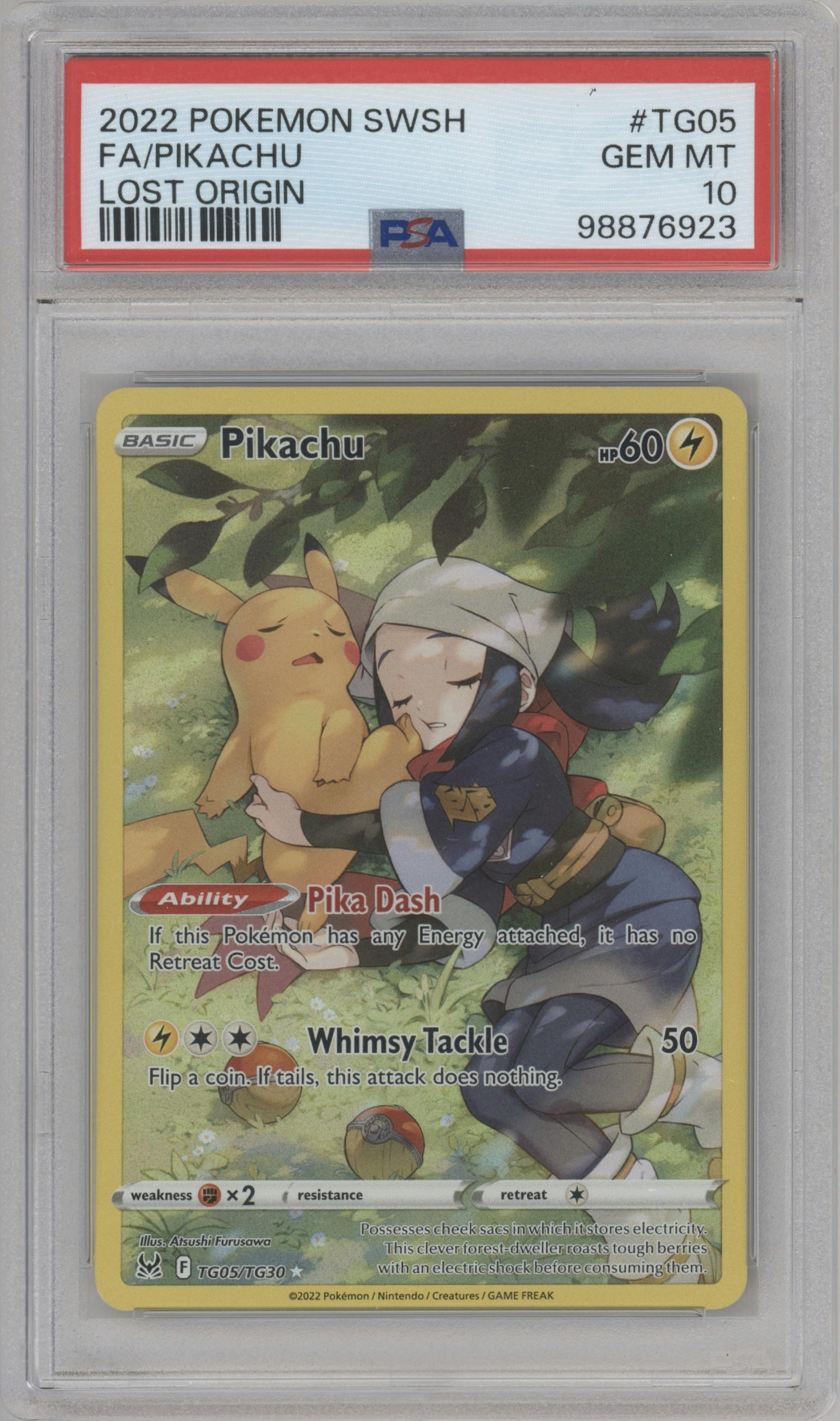 Pikachu from the 2022 Pokemon SWSH set graded by PSA and given an overall grade of 10.