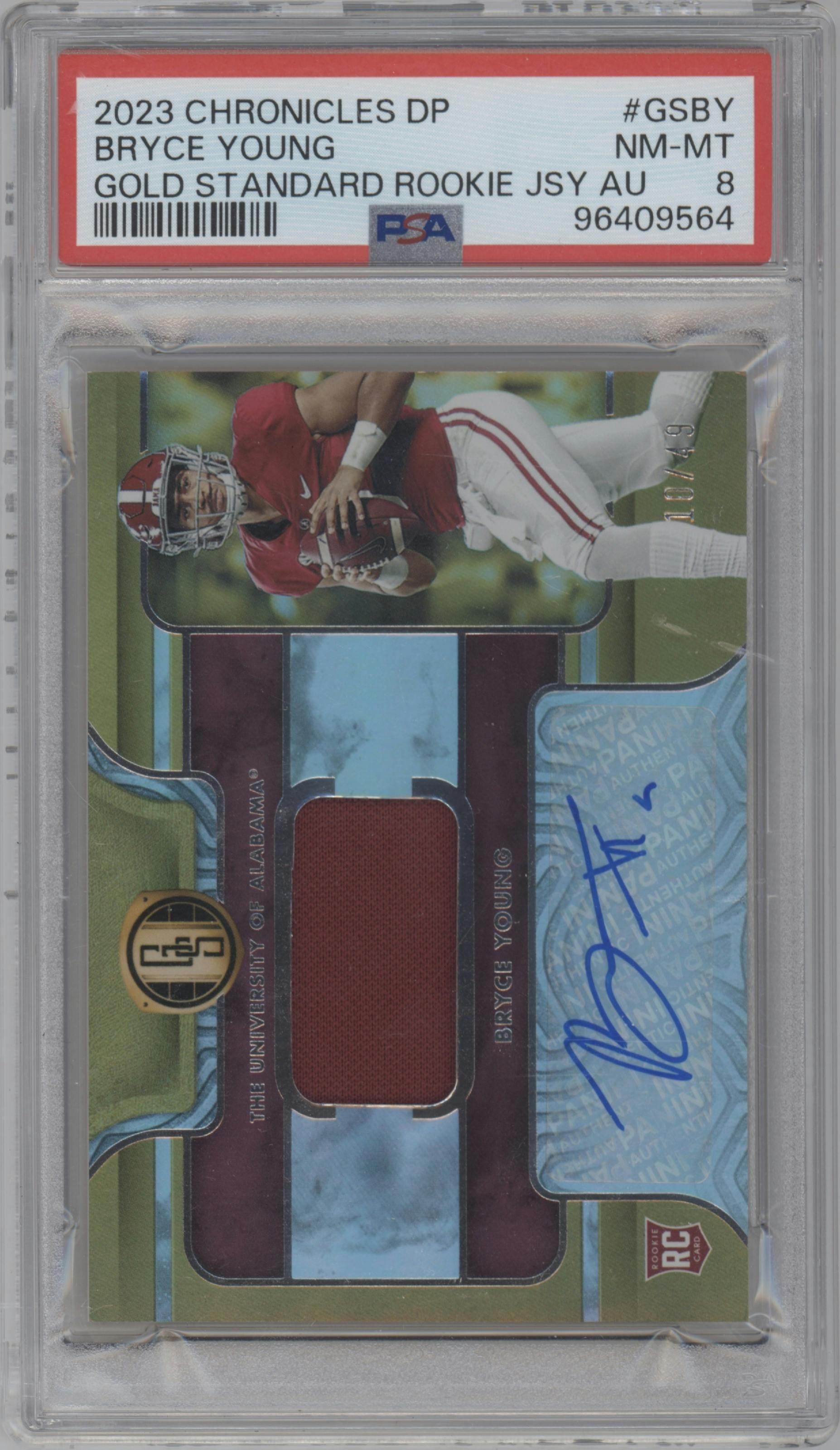 Bryce Young from the 2023 Panini Chronicles Draft Picks set graded by PSA and given an overall grade of 8.
