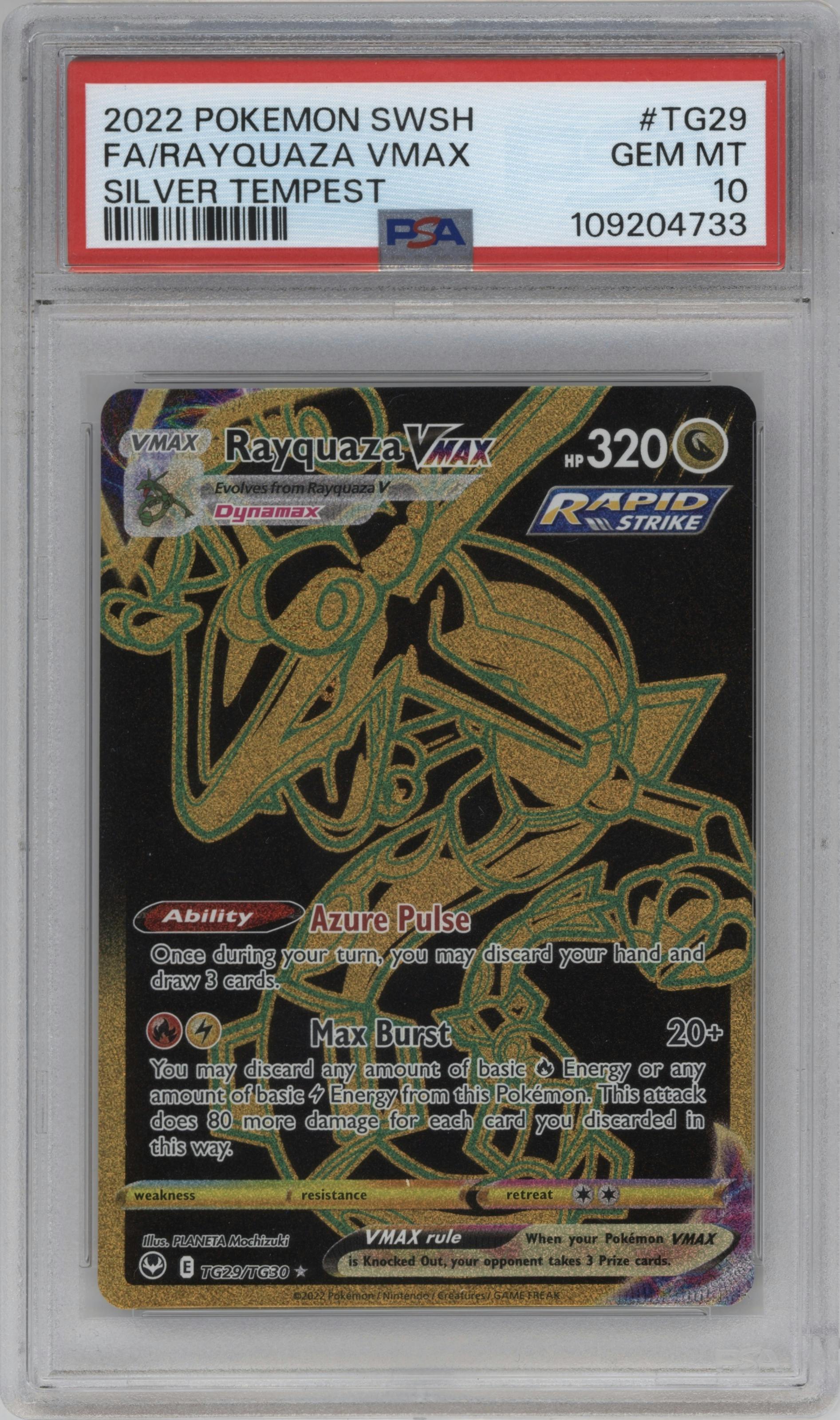 Rayquaza VMAX from the 2022 Pokemon SWSH set graded by PSA and given an overall grade of 10.