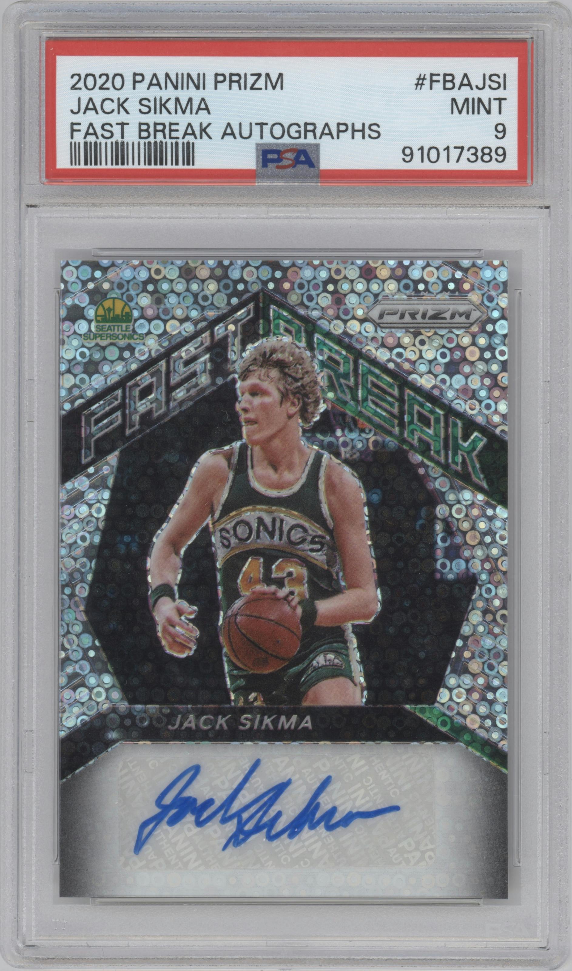 Jack Sikma from the 2020-21 Panini Prizm set graded by PSA and given an overall grade of 9.