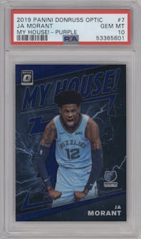 Ja Morant from the 2019-20 Panini Donruss Optic set featuring a Purple parallel graded by PSA and given an overall grade of 10.