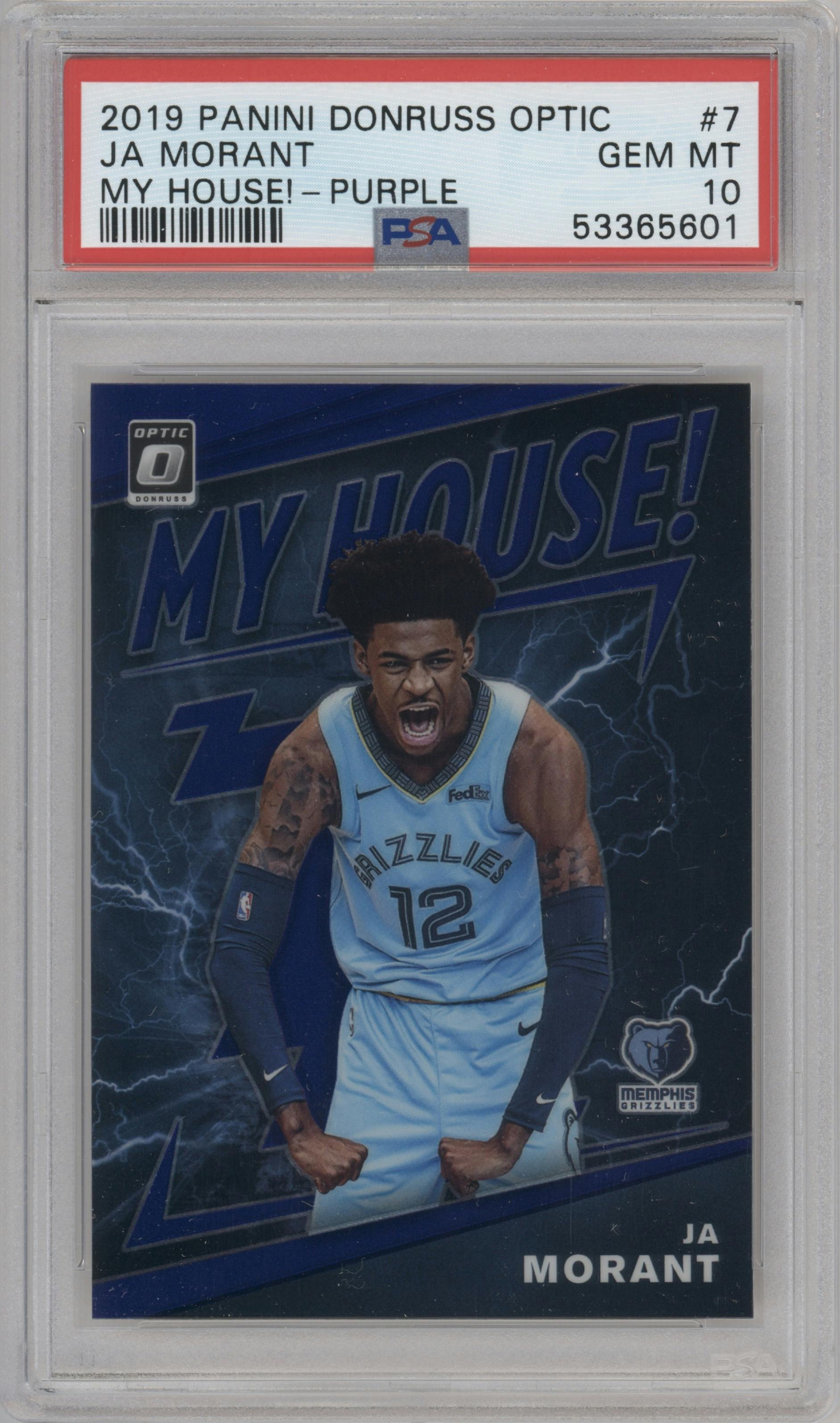 Ja Morant from the 2019-20 Panini Donruss Optic set featuring a Purple parallel graded by PSA and given an overall grade of 10.