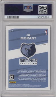Ja Morant from the 2019-20 Panini Donruss Optic set featuring a Purple parallel graded by PSA and given an overall grade of 10.