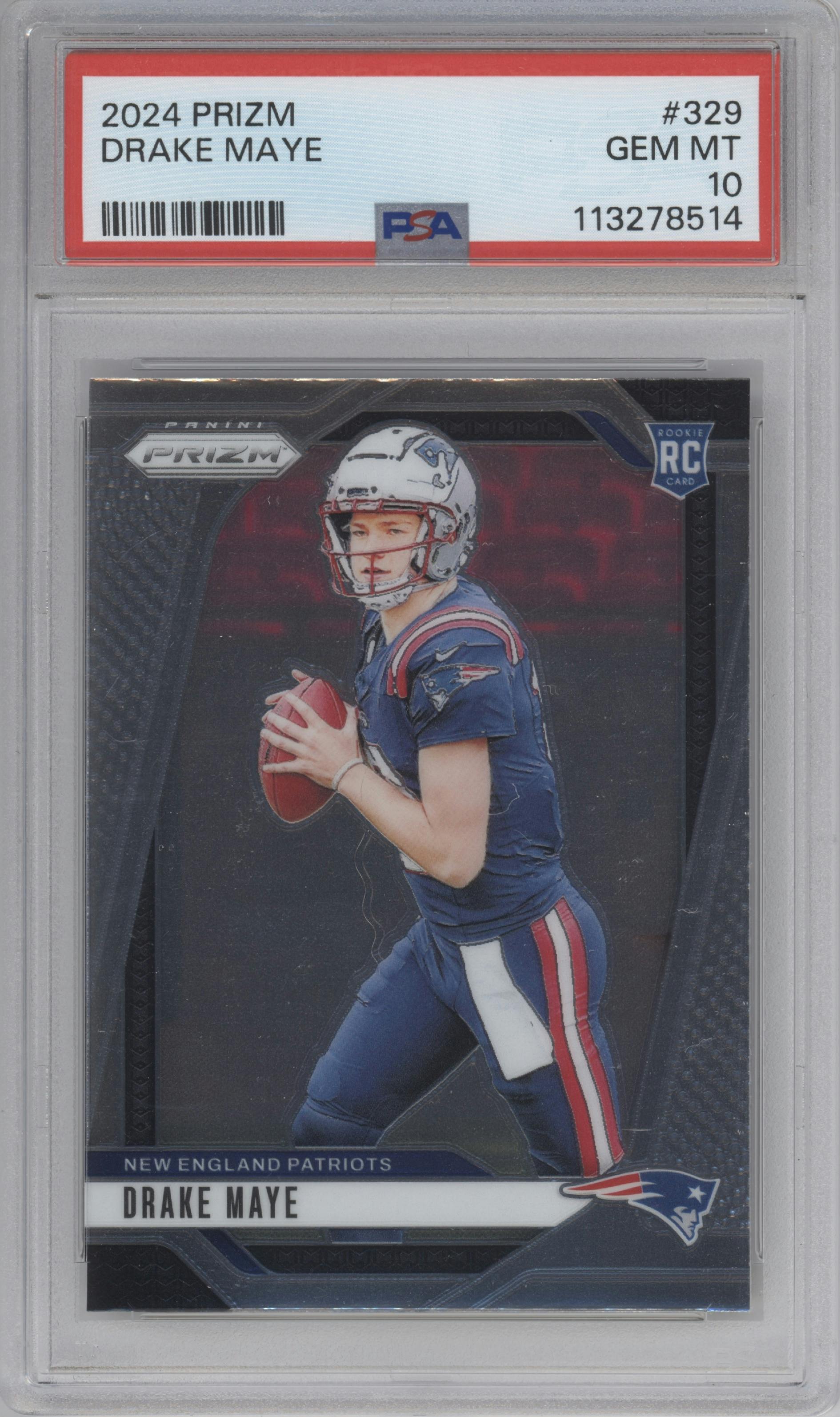 Drake Maye from the 2024 Panini Prizm set graded by PSA and given an overall grade of 10.