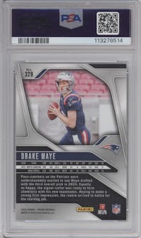 Drake Maye from the 2024 Panini Prizm set graded by PSA and given an overall grade of 10.
