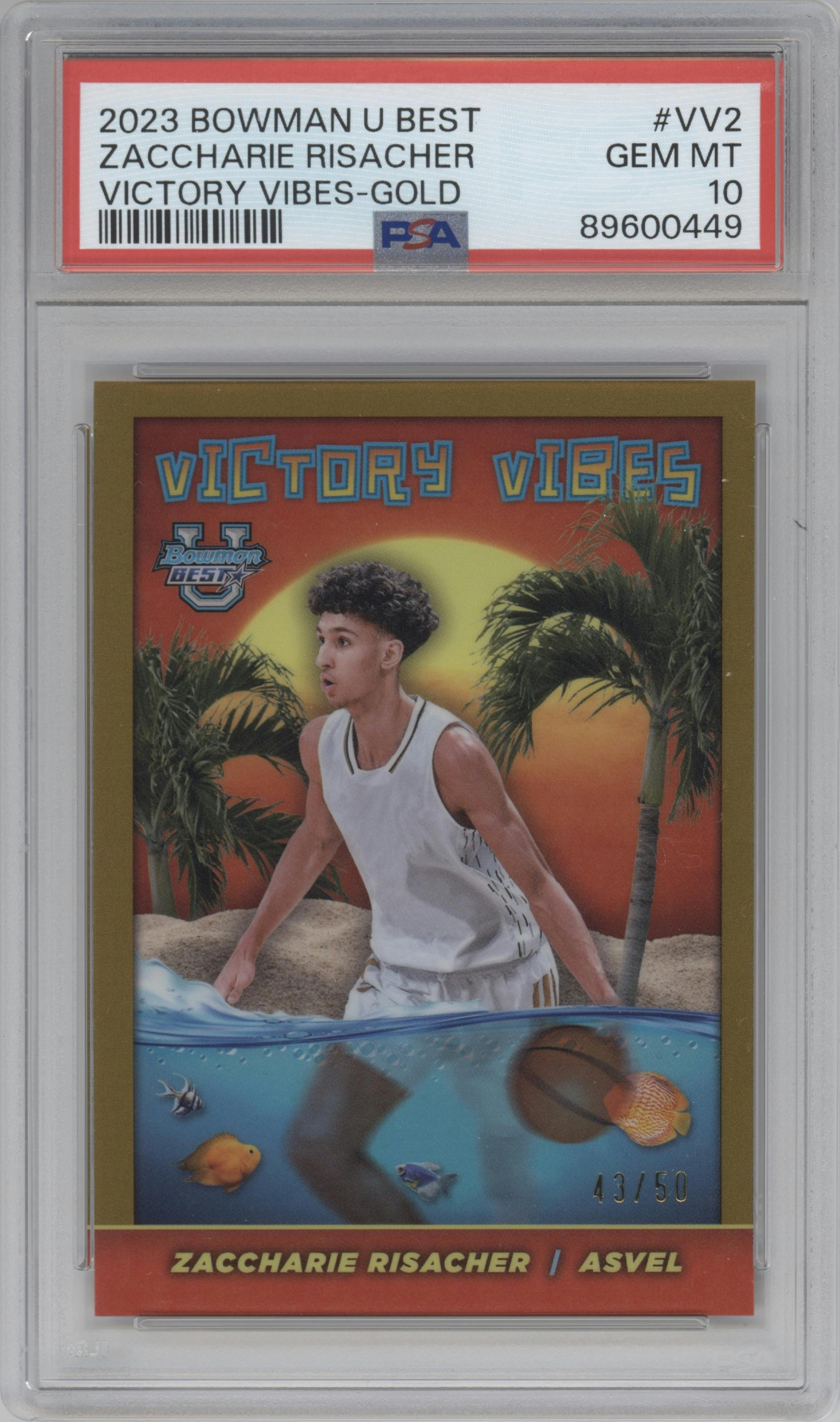 Zaccharie Risacher from the 2023-24 Bowman Best University set featuring a Gold parallel graded by PSA and given an overall grade of 10.