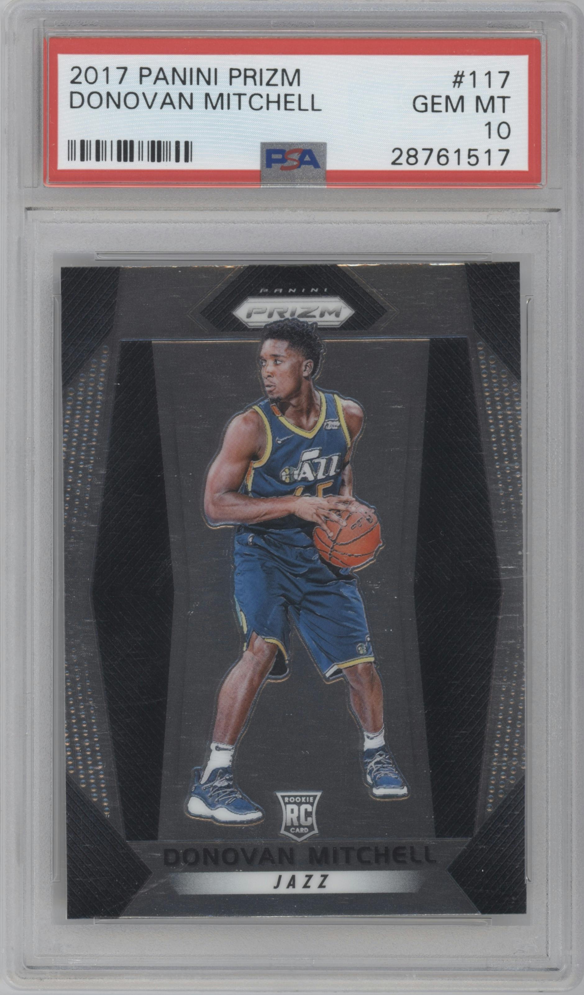 Donovan Mitchell from the 2017-18 Panini Prizm  set graded by PSA and given an overall grade of 10.