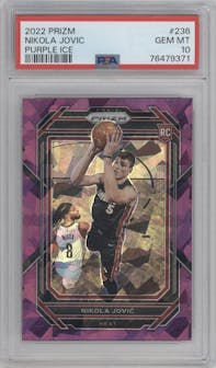 Nikola Jovic from the 2022-23 Panini Prizm  set featuring a Purple Ice parallel graded by PSA and given an overall grade of 10.