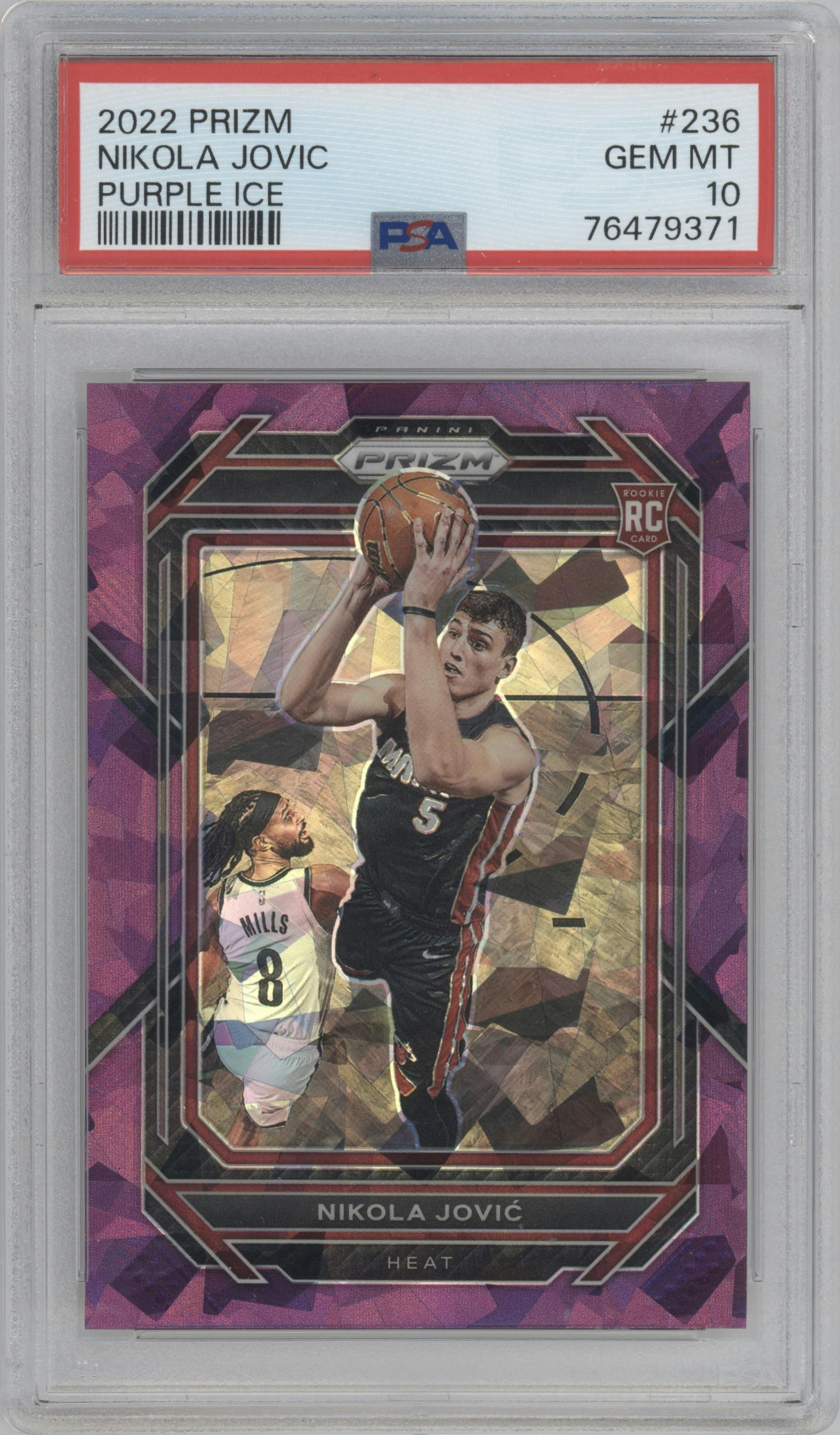 Nikola Jovic from the 2022-23 Panini Prizm  set featuring a Purple Ice parallel graded by PSA and given an overall grade of 10.