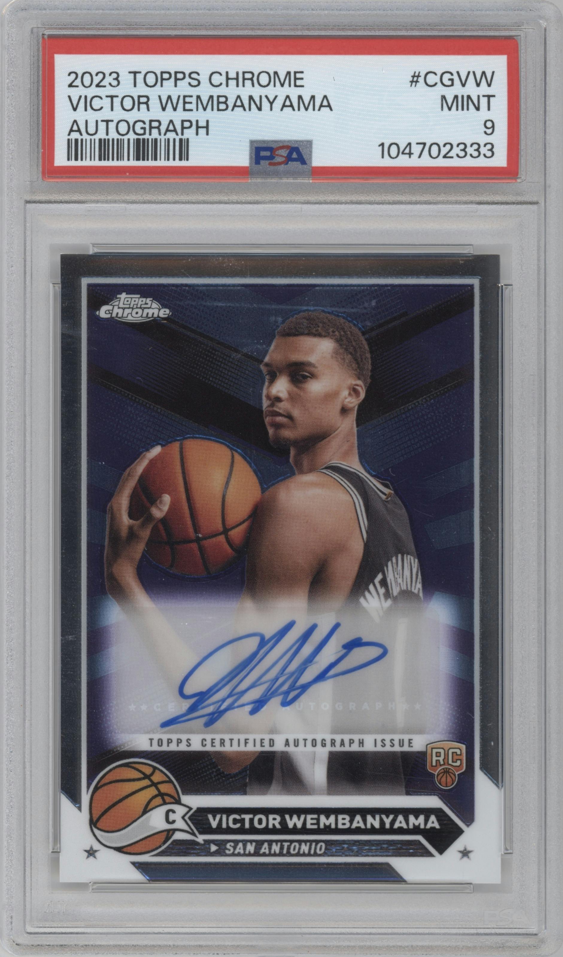 Victor Wembanyama from the 2023-24 Topps Chrome set graded by PSA and given an overall grade of 9.
