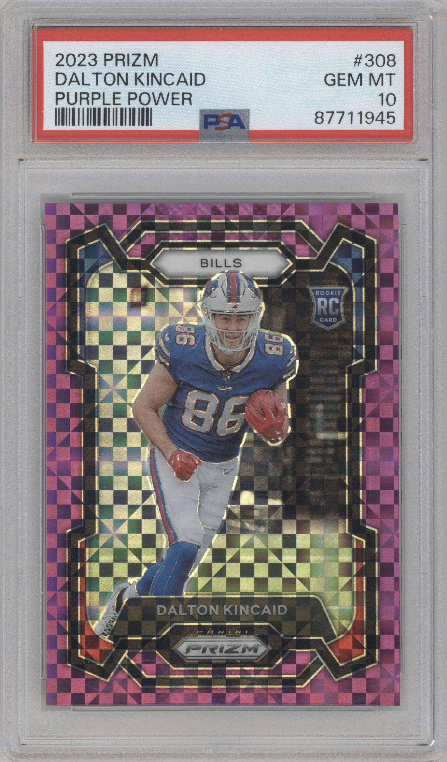 Dalton Kincaid from the 2023 Panini Prizm set featuring a Purple Power parallel graded by PSA and given an overall grade of 10.