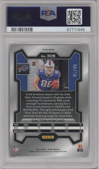 Dalton Kincaid from the 2023 Panini Prizm set featuring a Purple Power parallel graded by PSA and given an overall grade of 10.