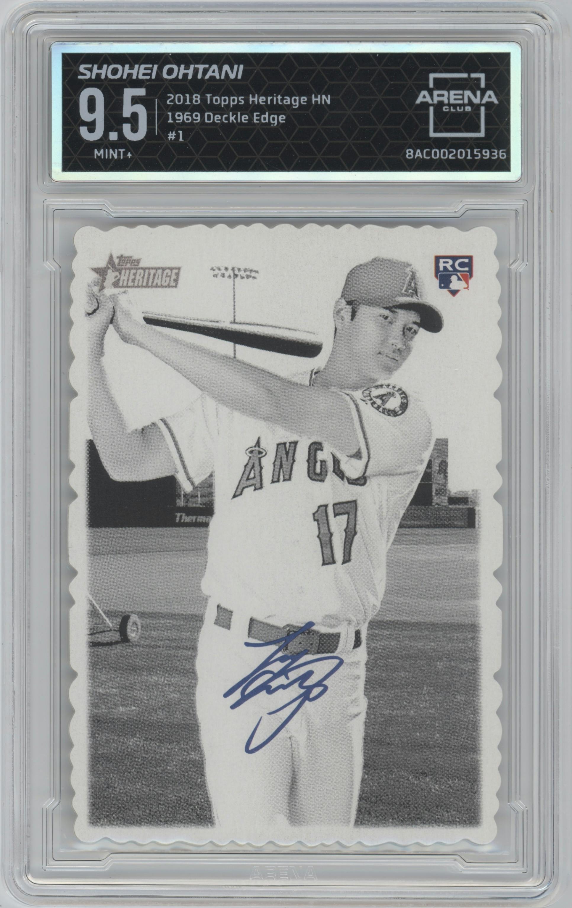 Shohei Ohtani from the 2018 Topps Heritage High Number set graded by Arena Club and given an overall grade of 9.5.