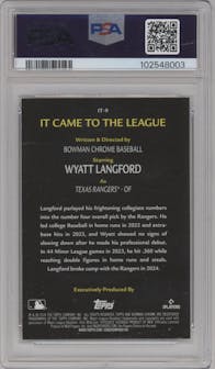 Wyatt Langford from the 2024 Bowman Chrome set graded by PSA and given an overall grade of 10.